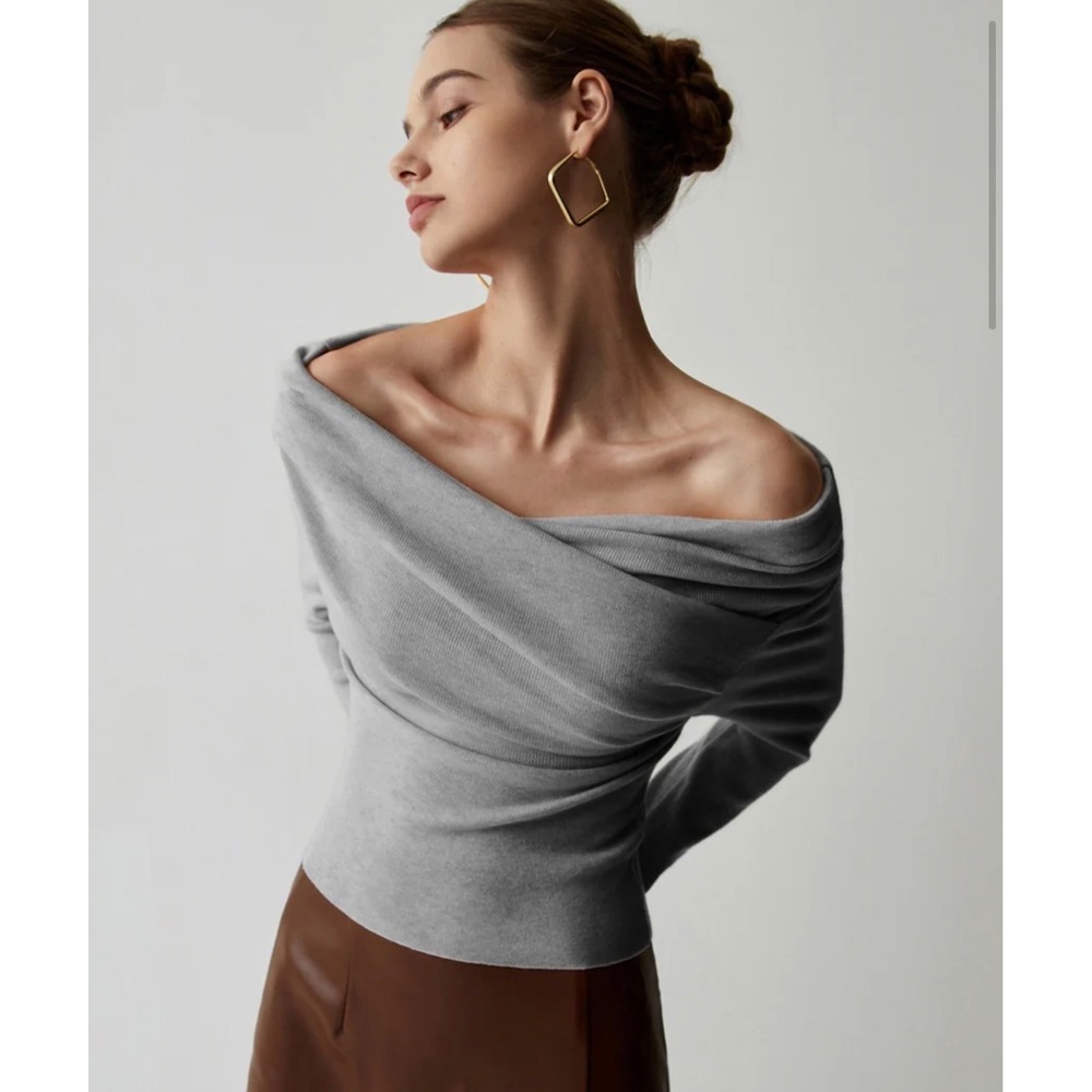 Commense Grey Off The Shoulder Draped Wrap Knit‎ Top Long Sleeve Large NWT
